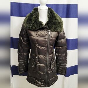 BCBG Max Azria Olive Green Faux Fur Trim Puffer Jacket | Size XS